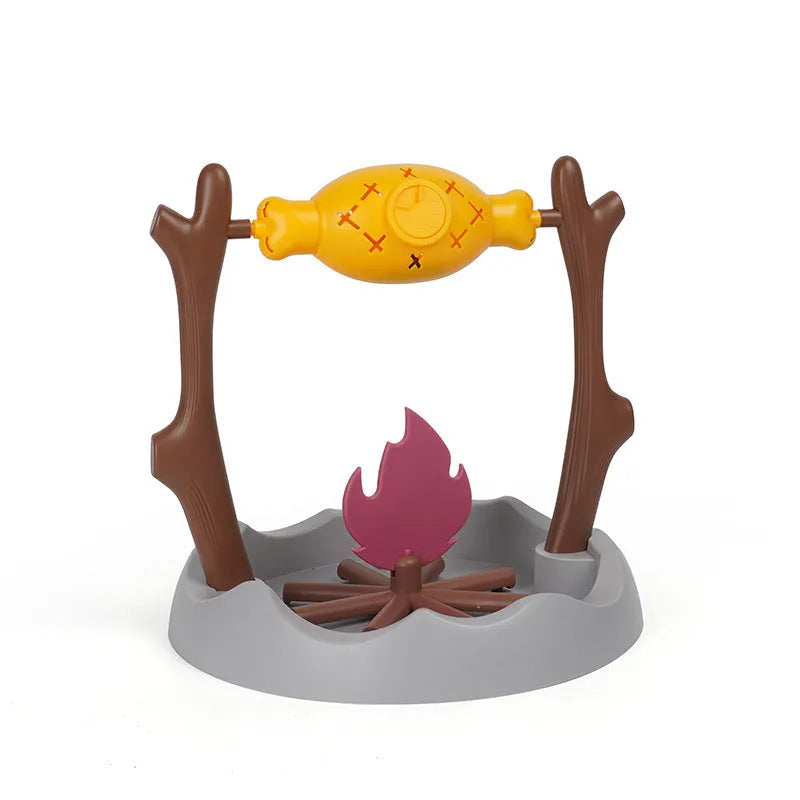 Barbecue-style plastic cat tumbling food feeder toy with multiple openings for treat dispensing
