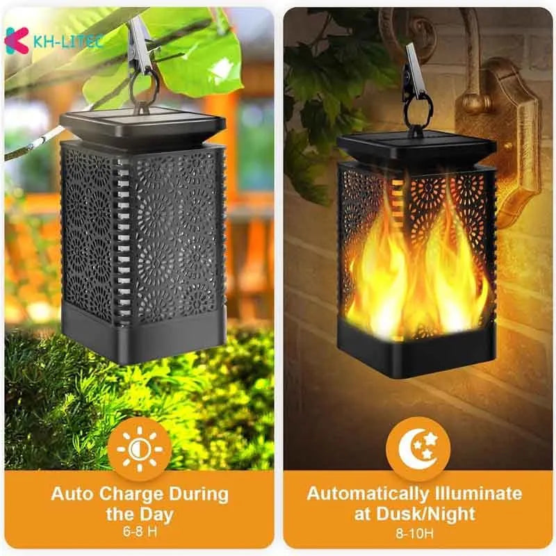 Four black solar-powered hanging torch lights with flickering flame LED effect for outdoor gardens.