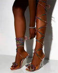 Plus size women's strappy sandals with rhinestone Roman-style straps and square toe
