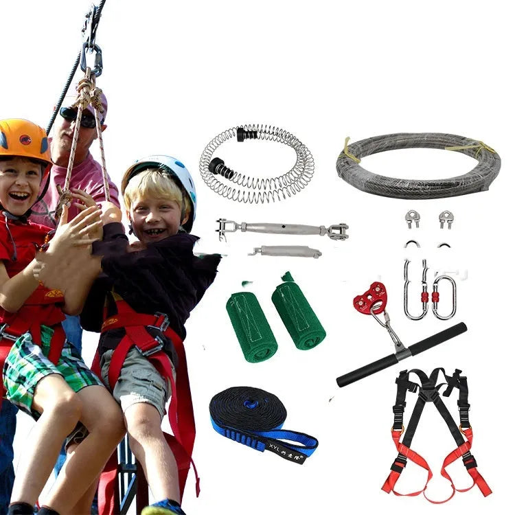 Children's ziptreck pulley slide rope kit with 10m cable, alloy steel pulleys, tree protectors, and handle