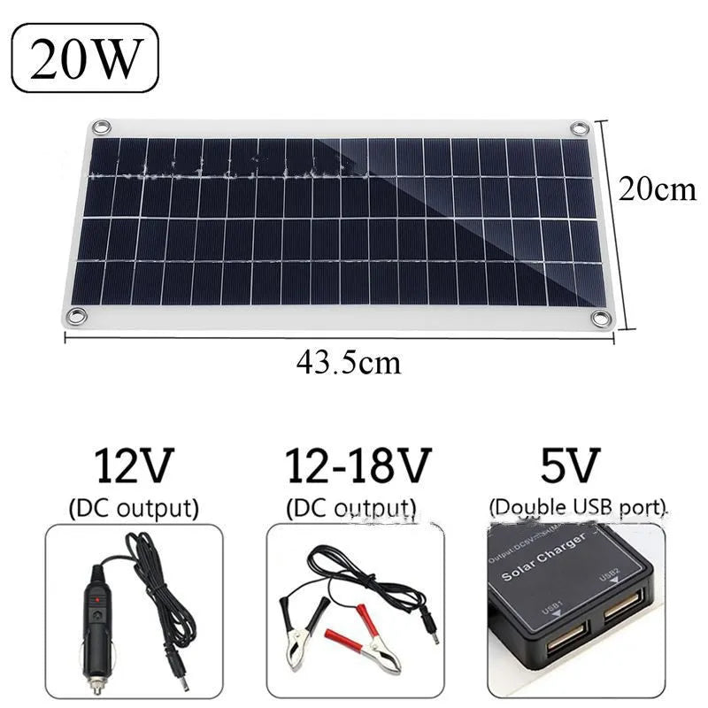 Polycrystalline silicon solar panel with dual USB ports for outdoor charging of mobile phones and tablets.