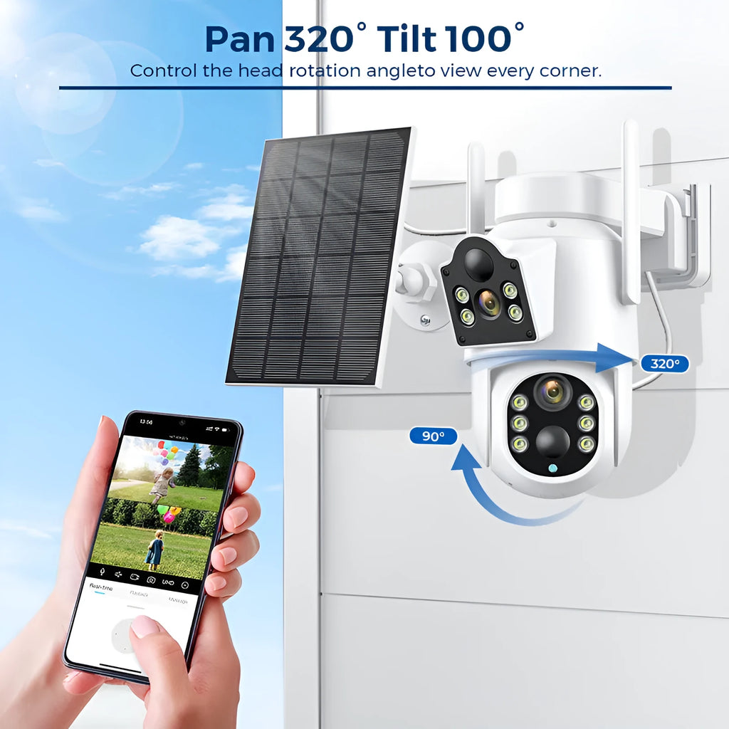 Outdoor solar-powered wireless wifi security camera with solar panel in black or white finish