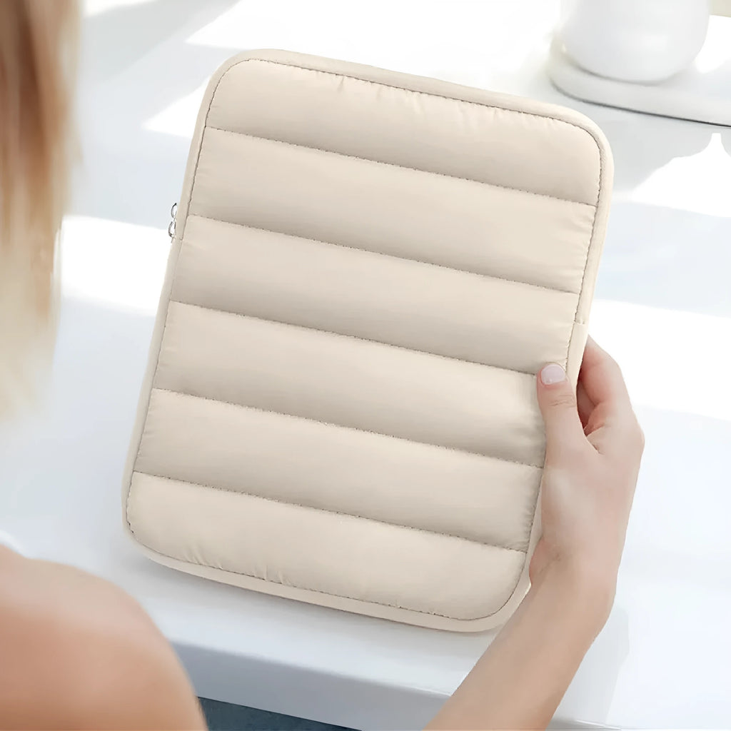 Fluffy puff bag laptop sleeve in black colour with elastic sides for 9.7-11 inch devices