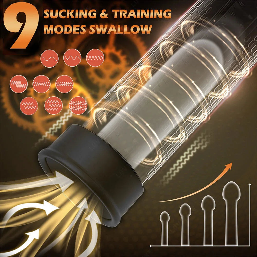 Men's masturbation device with electric training pump in diqiao colour, made from ABS and TPE plastic.