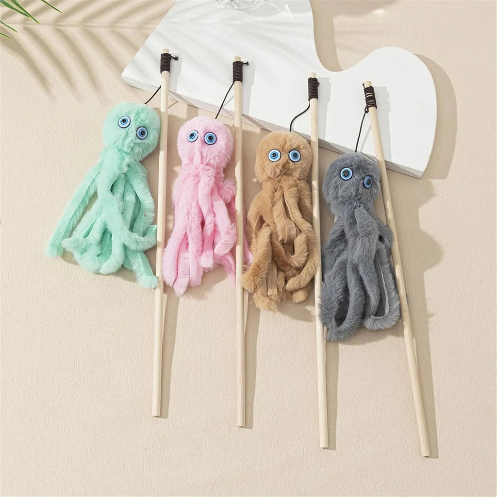 Octopus design cat toy with long stick in bright colours for indoor kitten play