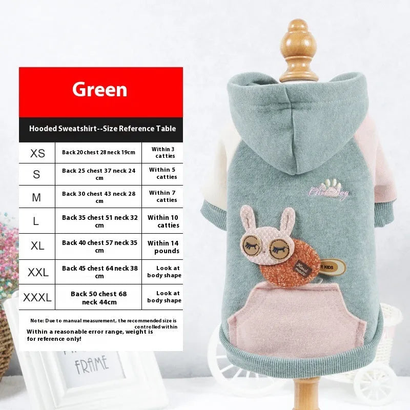 Cotton dog sweatshirt pet clothing in brown, green, or pink colours for canine leisure wear