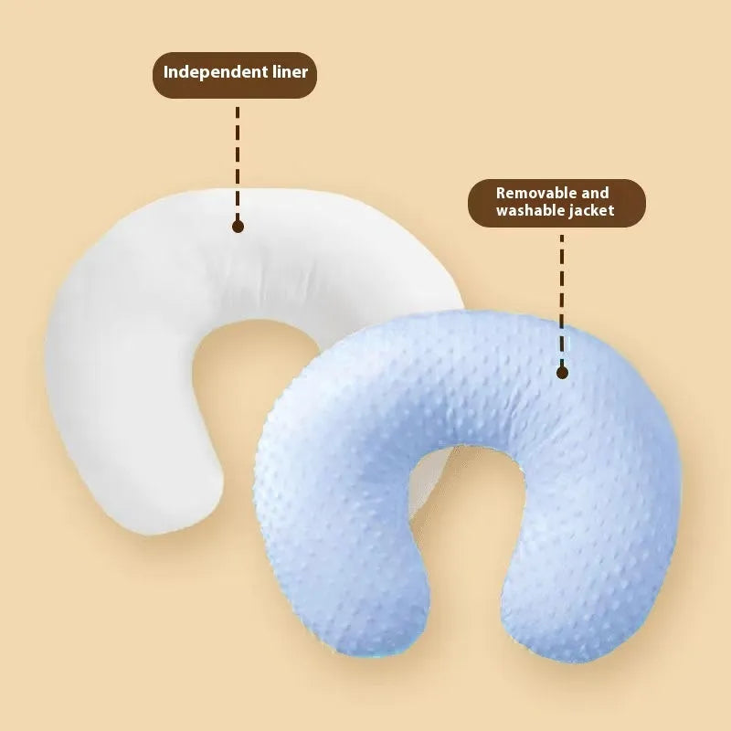 Multifunctional nursing pillow with milk spill prevention features in grey, light blue, pink and yellow colours