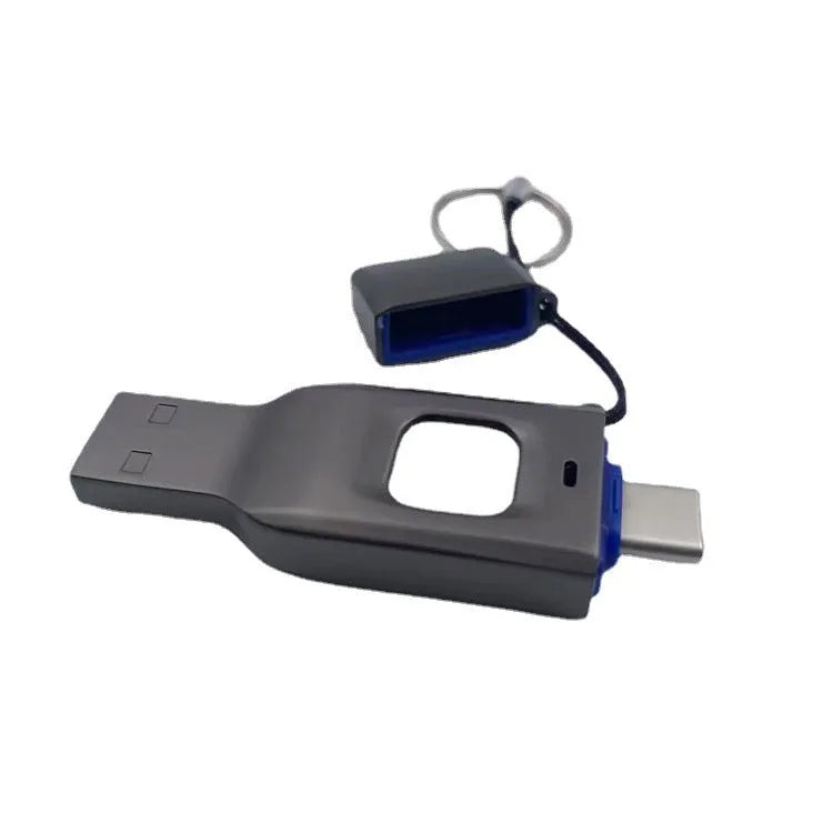 Black and silver grey metal fingerprint encrypted USB flash drive with USB-C and USB 3.0 ports.