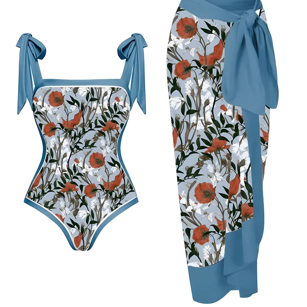 Women's printed chiffon swimsuit two-piece with matching skirt in floral pattern