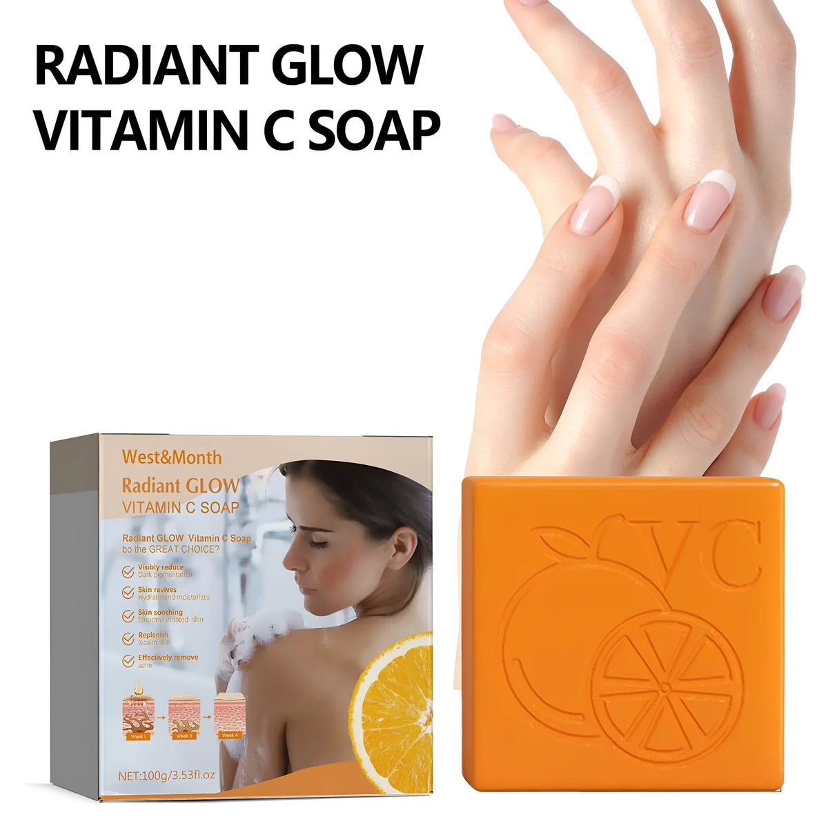 Whitening vitamin body care cleaning soap bar with kojic acid and hyaluronic acid, 100g