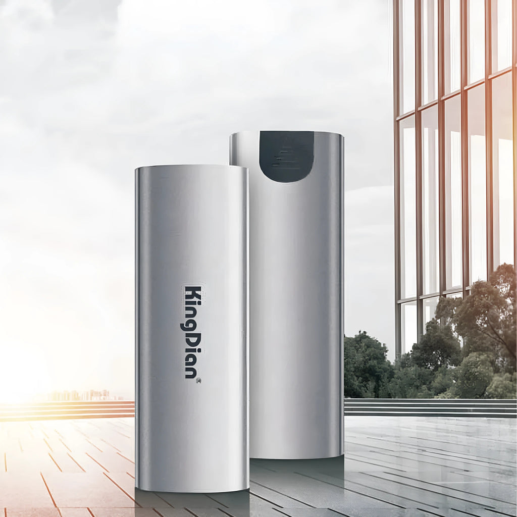 Grey mobile external SSD with USB 3.0 interface for smartphone connection