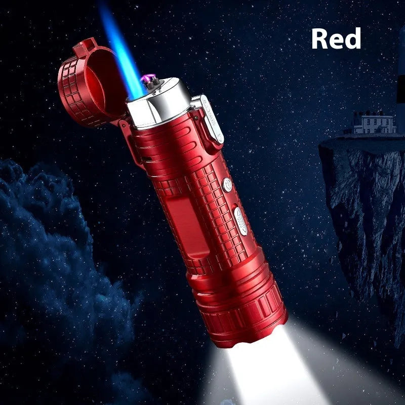 TH727 multi-function metal flashlight lighter showing colour options: black, blue, camouflage, red, yellow