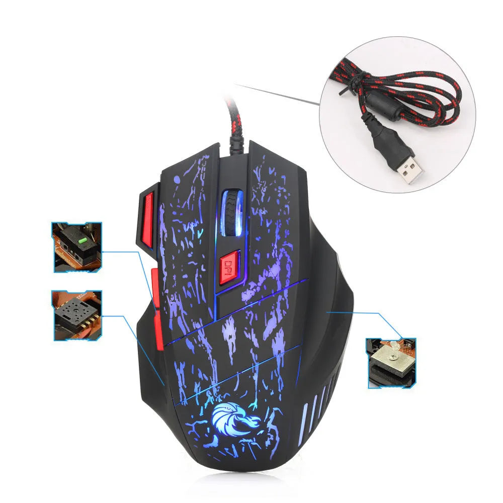 Water Crack colourful luminous gaming mouse with LED lighting effects and USB cable