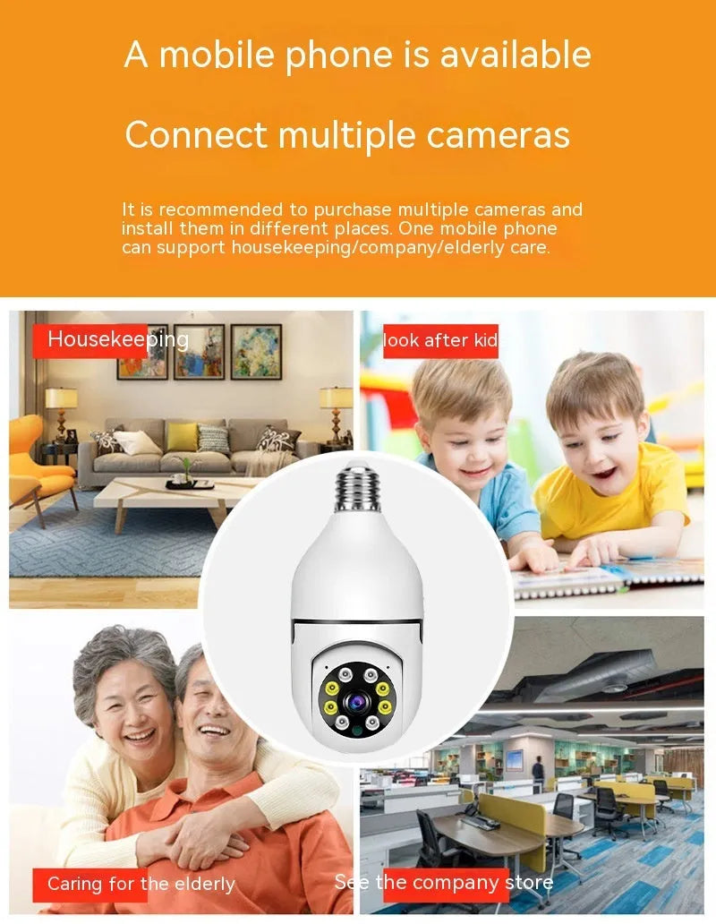 White wireless bulb security camera with lens, dimensions 5cm by 12cm