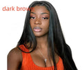 Long straight black synthetic wig with centre-parted bangs on a model