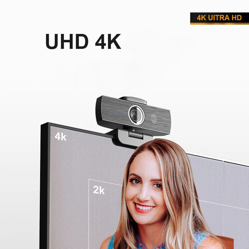 Black USB webcam with magnetic privacy cover showing 4K resolution and 60fps specifications