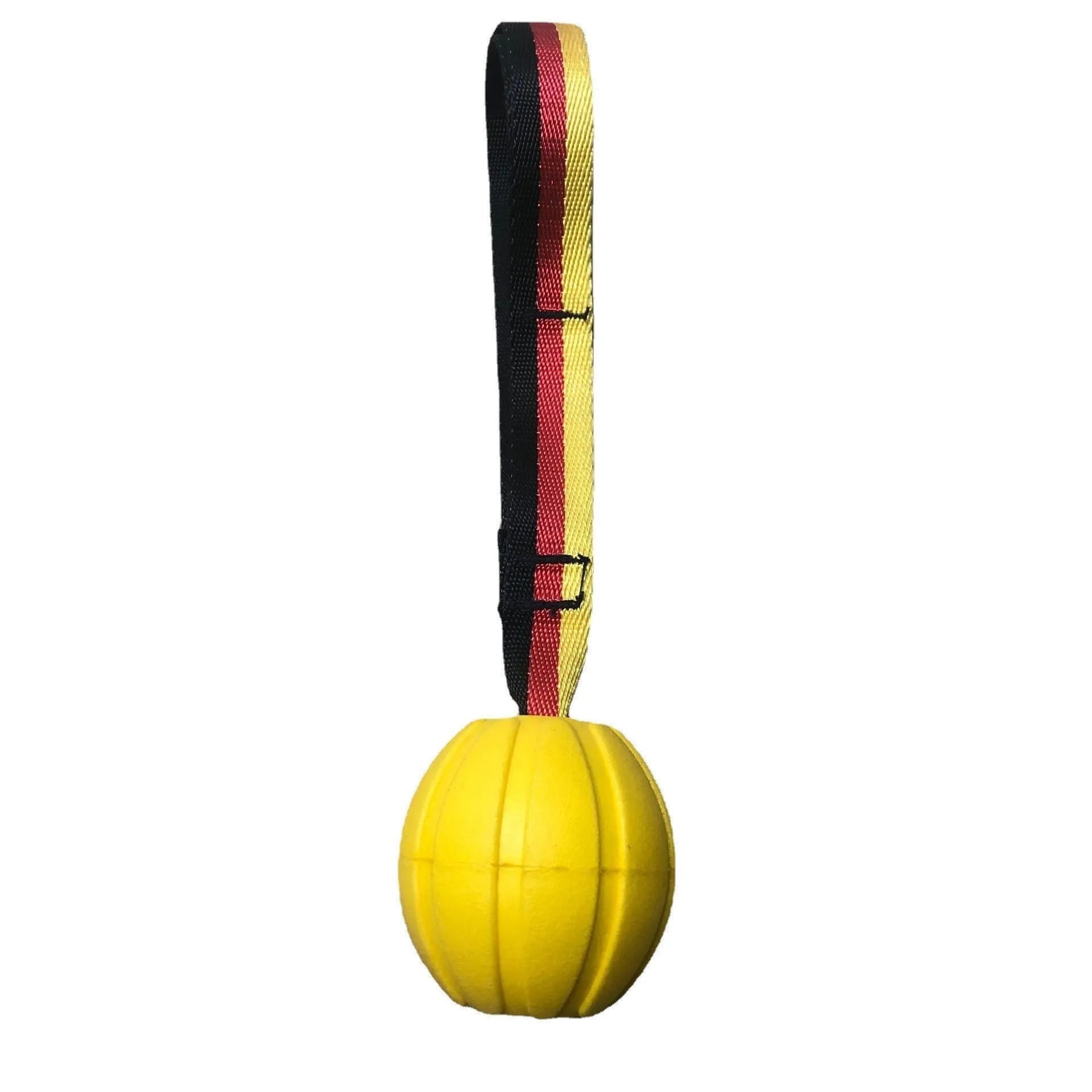Floating water bite-resistant pet training ball in camouflage and yellow colours showing three size options