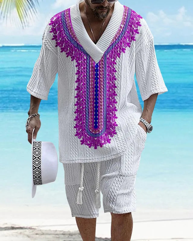 Men's grey printed knitted shorts suit with drop-shoulder short-sleeved top on a hanger.