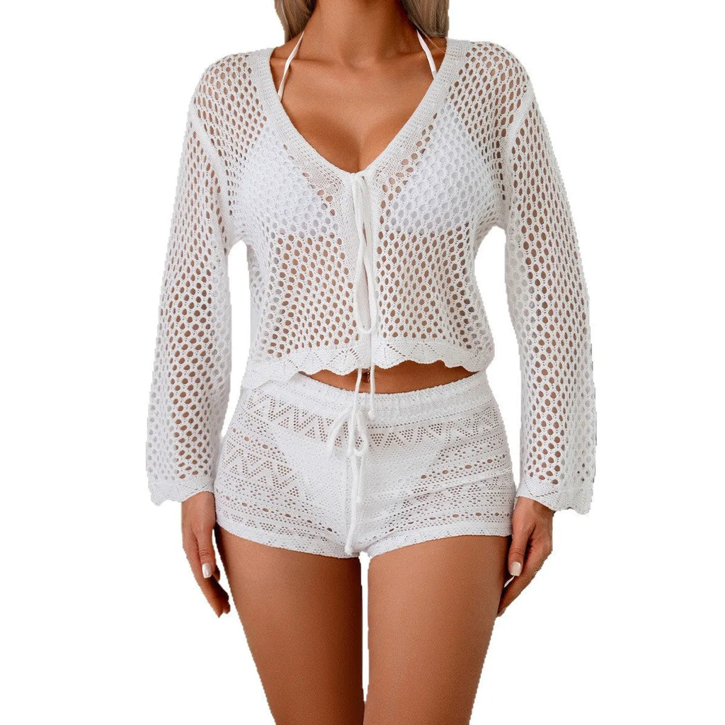 Women's hollow woven cardigan blouse with bell sleeves in solid colour