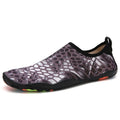 Blue Lycra beach wading shoes with elastic upper and lightweight EVA sole for swimming.