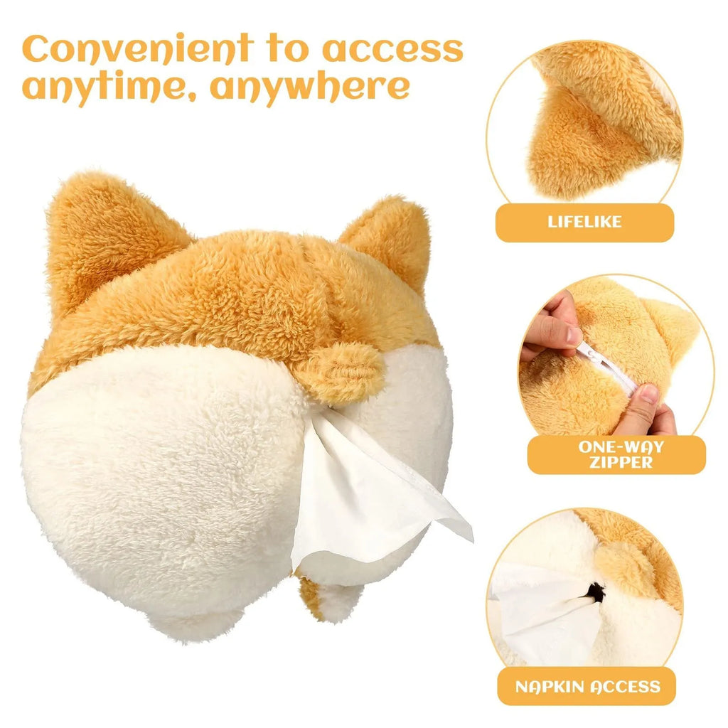 Yellow corgi butt shaped soft polyester car tissue box cover hanging on a sun visor.