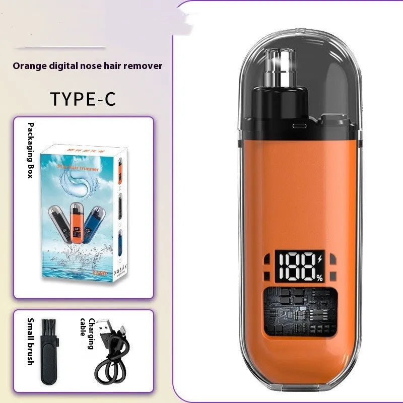 Rechargeable nose hair trimmer with removable stainless steel cutter head and digital display