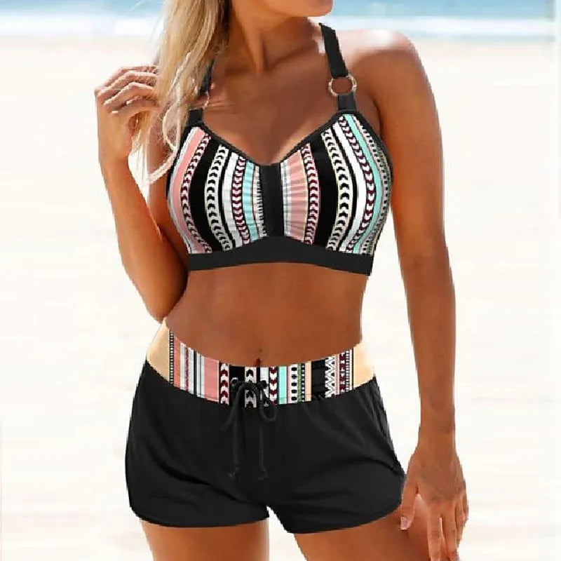 Women's navy blue and print patterned two-piece polyester blend bikini for hot springs.