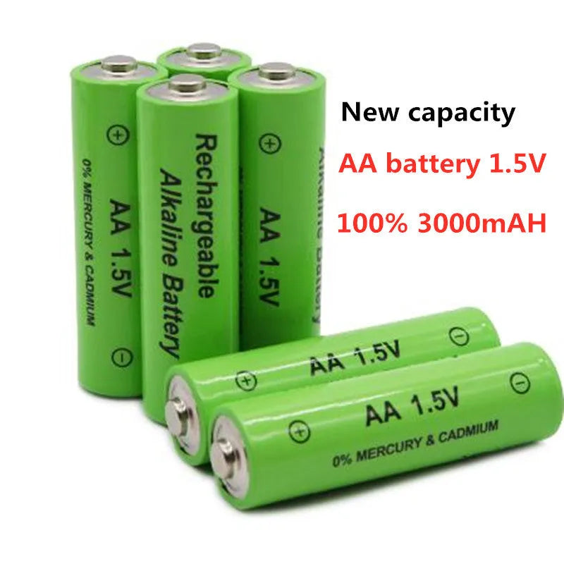 AA size alkaline rechargeable battery with 3000mAh capacity and 1000 cycle rating.
