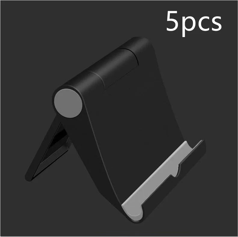 Black PE folding tablet stand holding a mobile phone at an adjustable angle