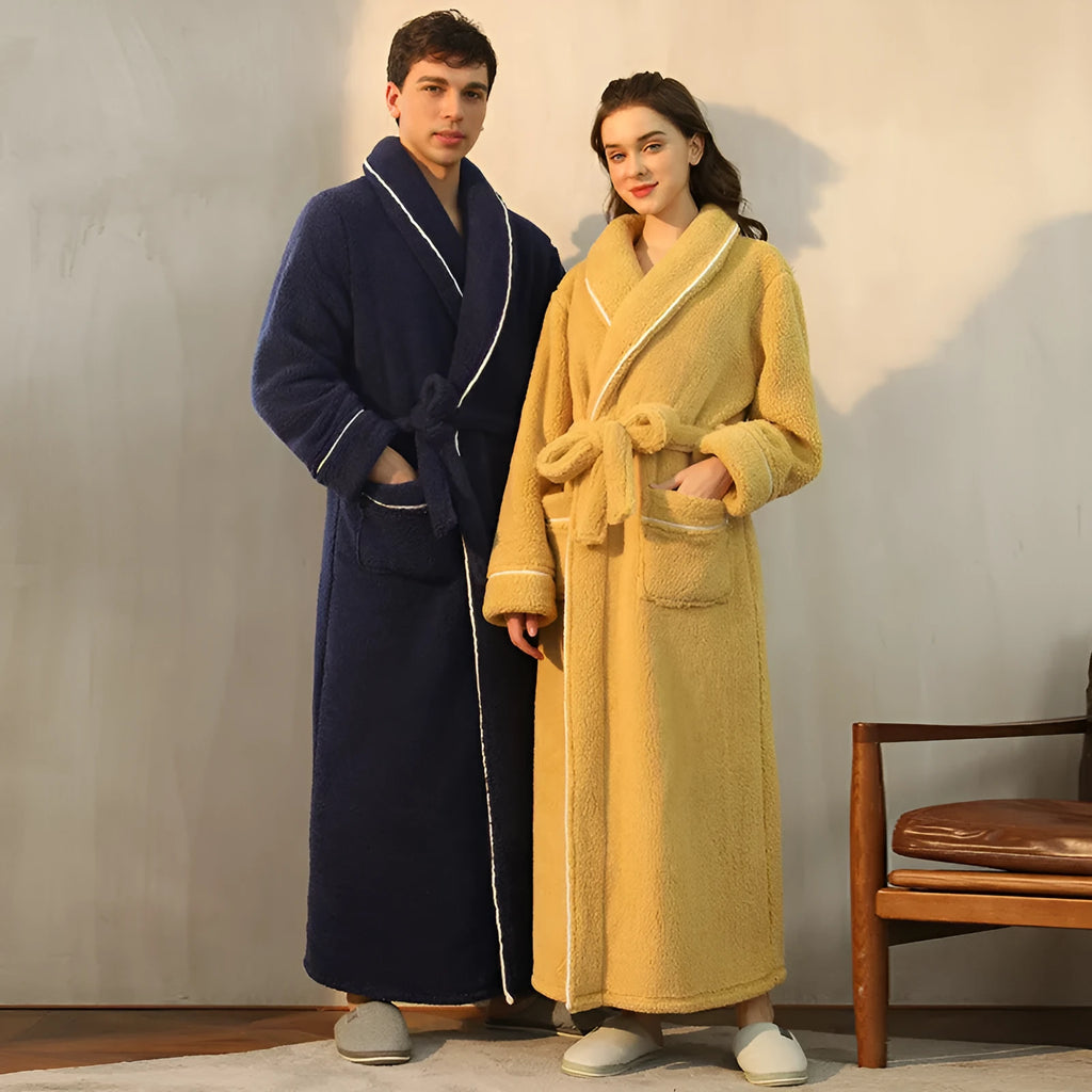 Thickened cotton velvet couple's bathrobe set in winter flannel fabric