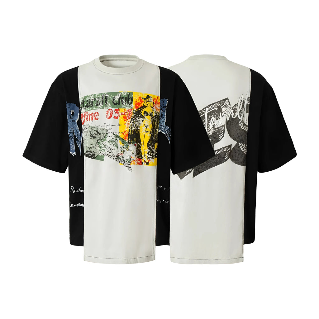 Men's black and white deconstruction printed cotton blend t-shirt with loose fit short sleeves