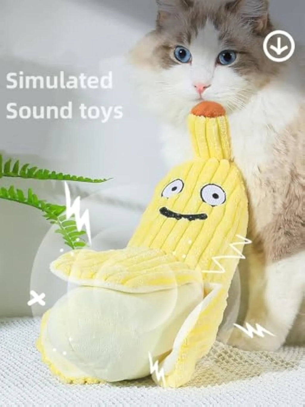 Yellow banana-shaped cat crinkle toy measuring 13 inches long with plush material