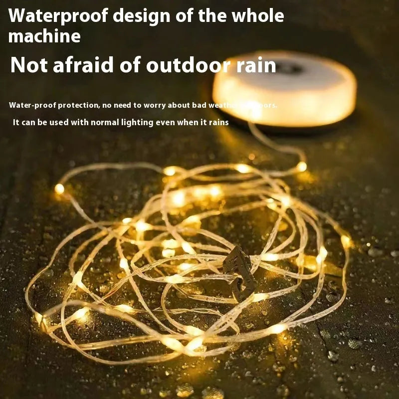 Rechargeable outdoor string lights with 30 LED beads stretched across 8 metre length