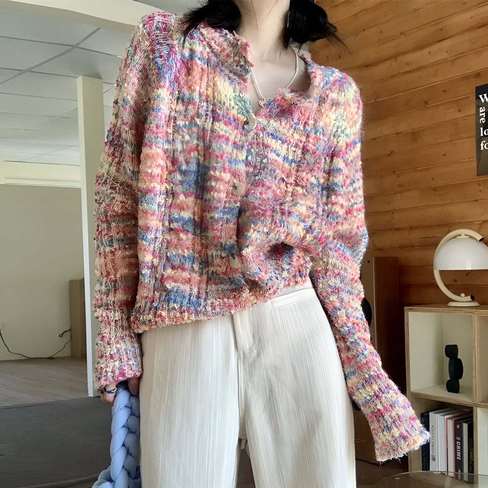 Rainbow pattern acrylic knitted cardigan in pink or green ice cream colours with slim fit
