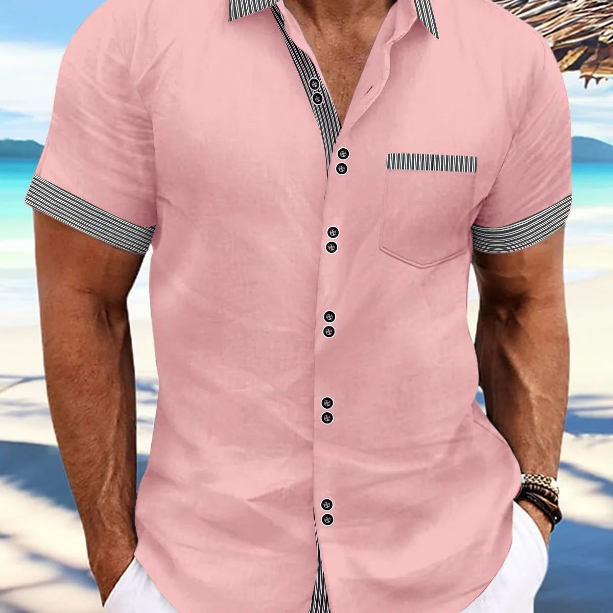 Pure cotton slim fit striped casual shirt with double buttons and short sleeves