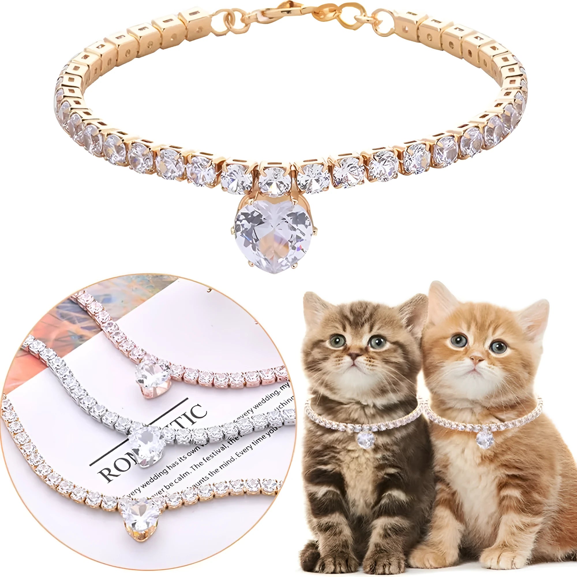 Gold rhinestone heart-shaped collar for a dog or cat on a white background.