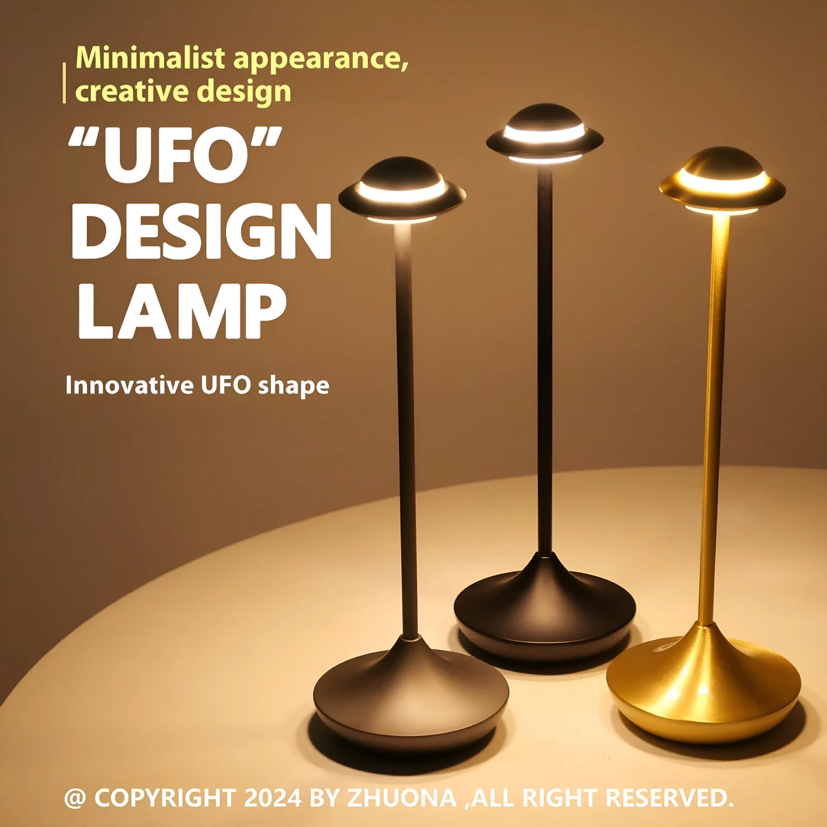 UFO-shaped metal table lamp with touch dimming in black, gold or grey finish