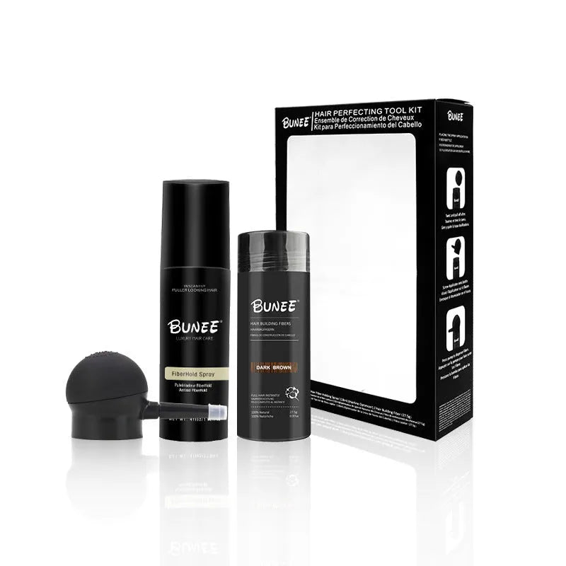 275g dense hair fibre powder can with special applicator nozzle and shaping spray bottle for hair replacement.