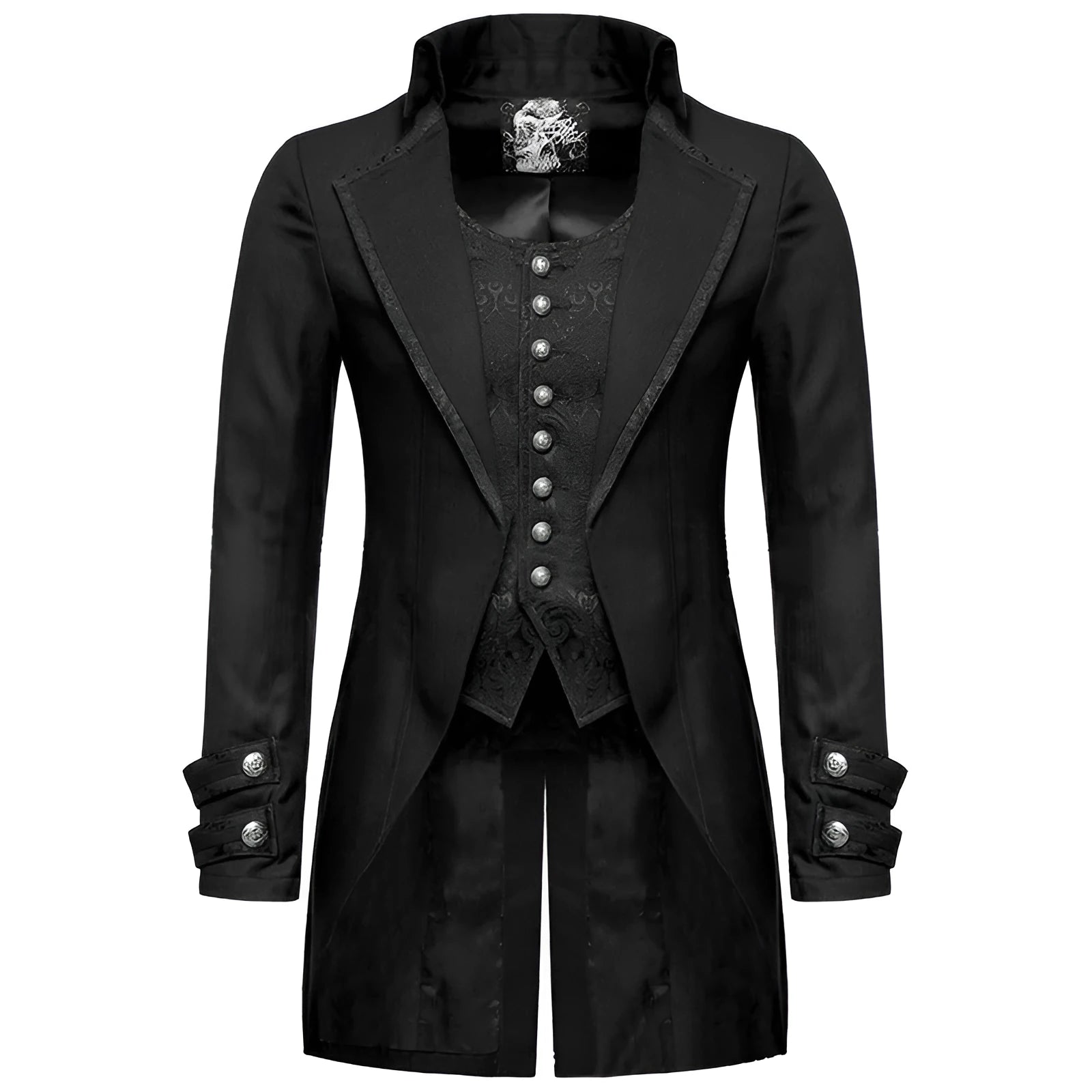 Black Victorian morning gown cosplay jacket with Gothic styling for historical costuming