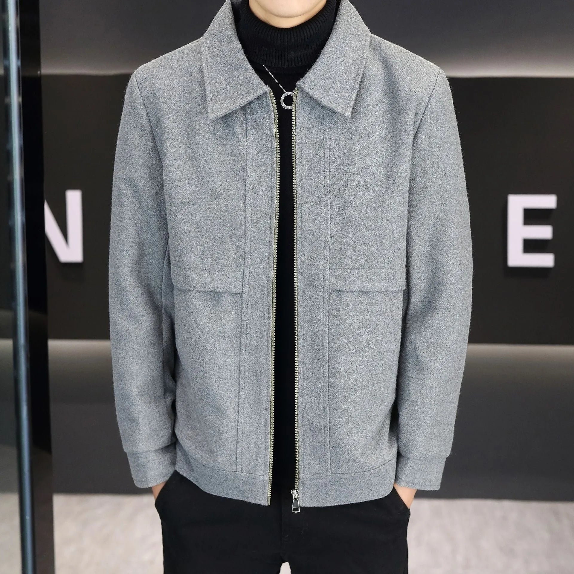 Casual polo collar jacket in cotton blend fabric with side seam pockets