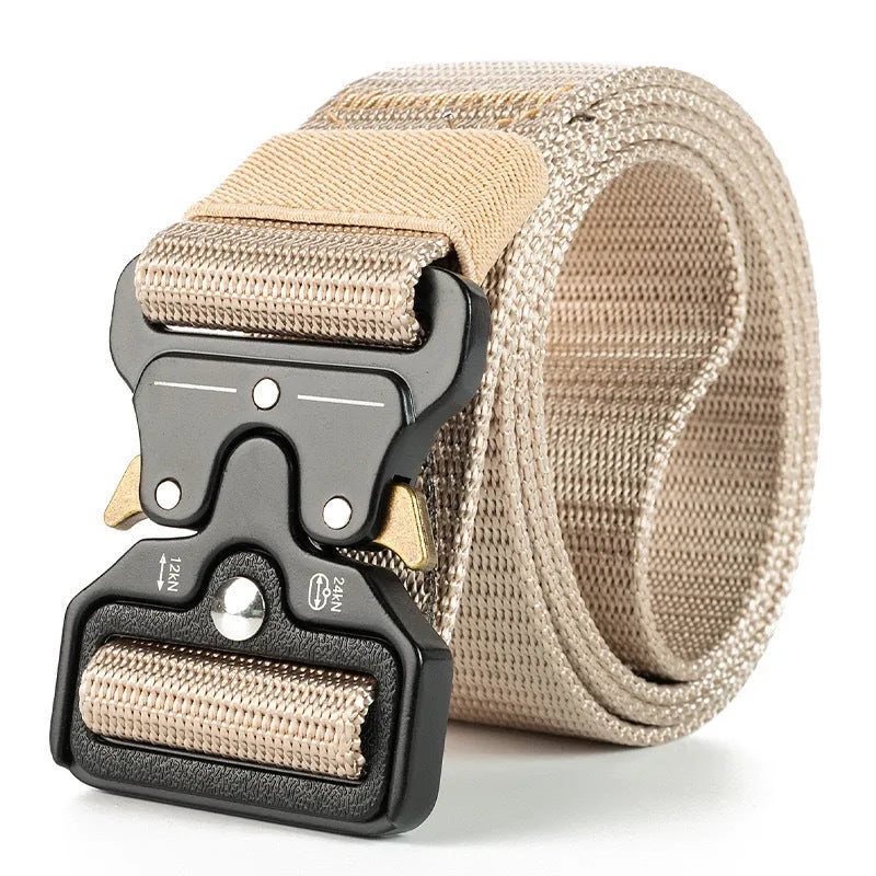 Men's thick canvas tactical belt with alloy buckle in 120cm length on colour background