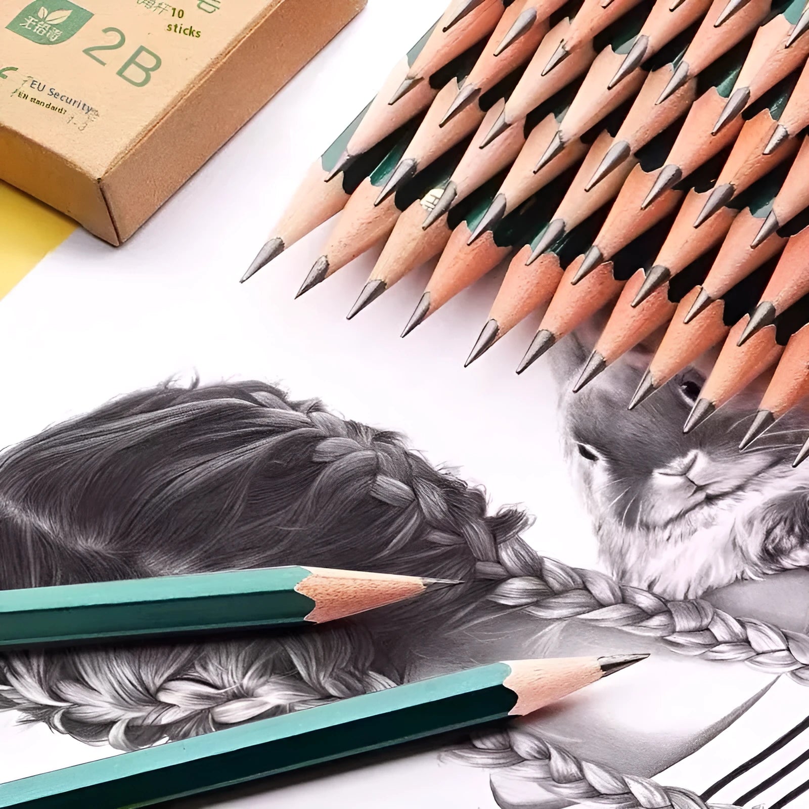 Box of ten green hexagonal wooden pencils with HB and 2B graphite grades for sketching.