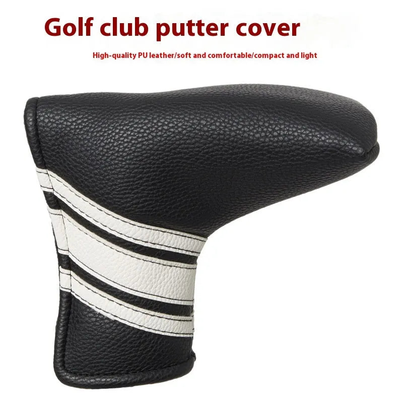 Black PU leather golf putter head cover showing push rod sleeve design