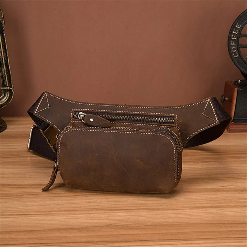 Brown top layer cowhide men's sports waist bag with pull closure