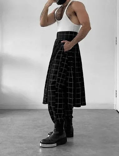 Men's plaid pattern trousers featuring an apron-style front fastening.