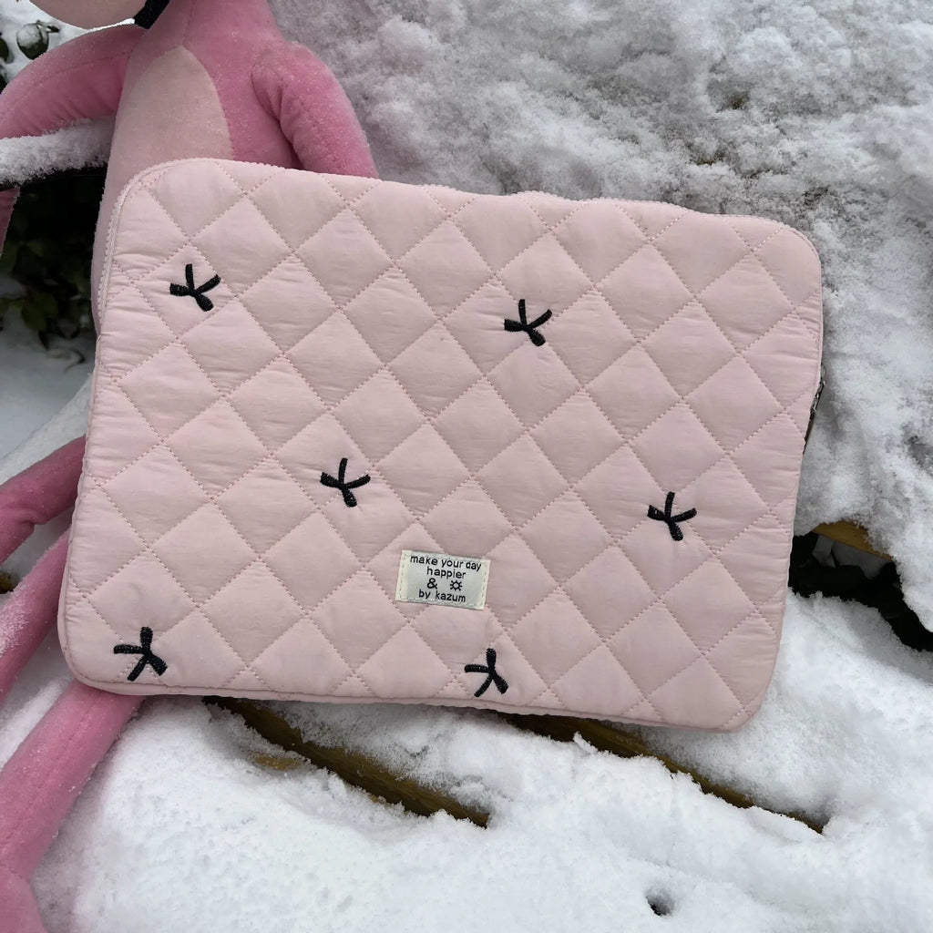 Rhombus embroidered bow laptop storage bag in nylon material with size options for 11-inch to 15.6-inch devices