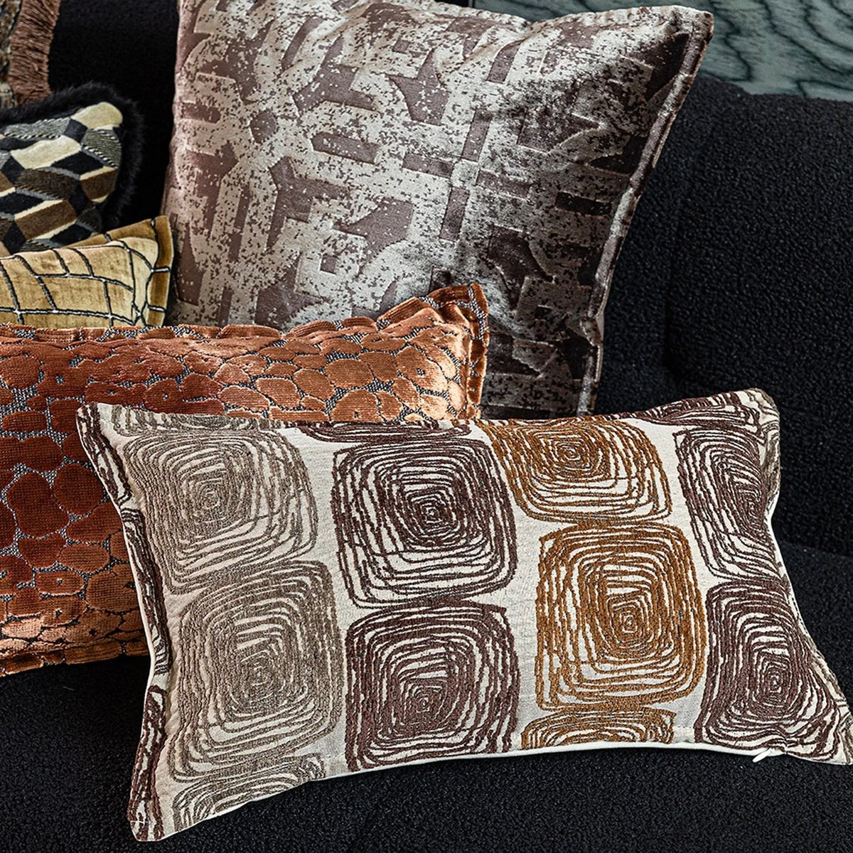 Abstract coil pattern pillow covers in cream and coffee colours - 50x50cm square and 30x50cm waist sizes