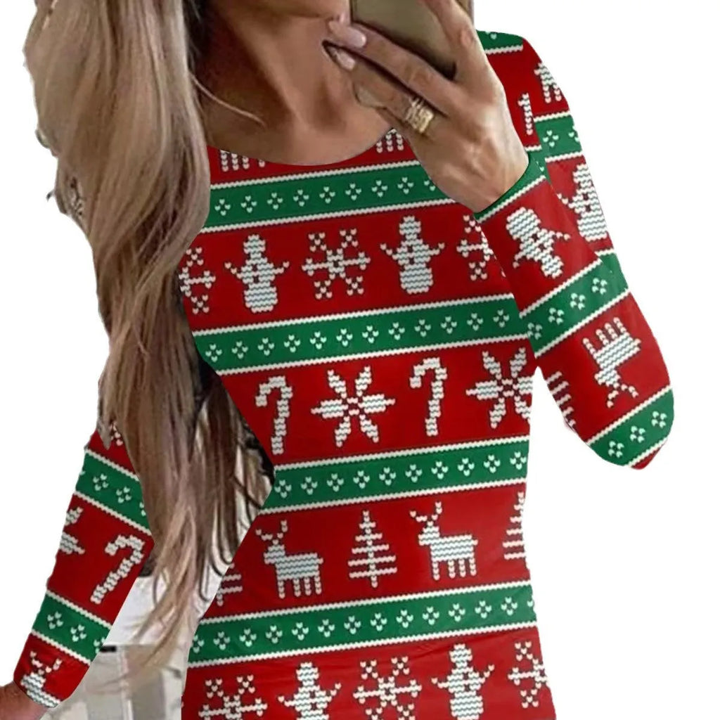 Women's tight-fitting Christmas long sleeve dress with floral animal print, round neck, and short hip skirt.