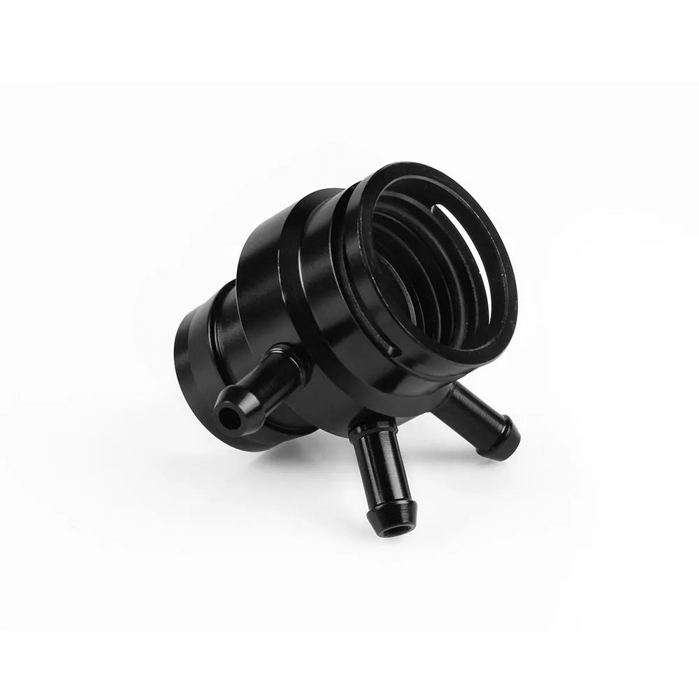 Second generation engine vacuum adapter tee in black or titanium colour with barbed hose fittings