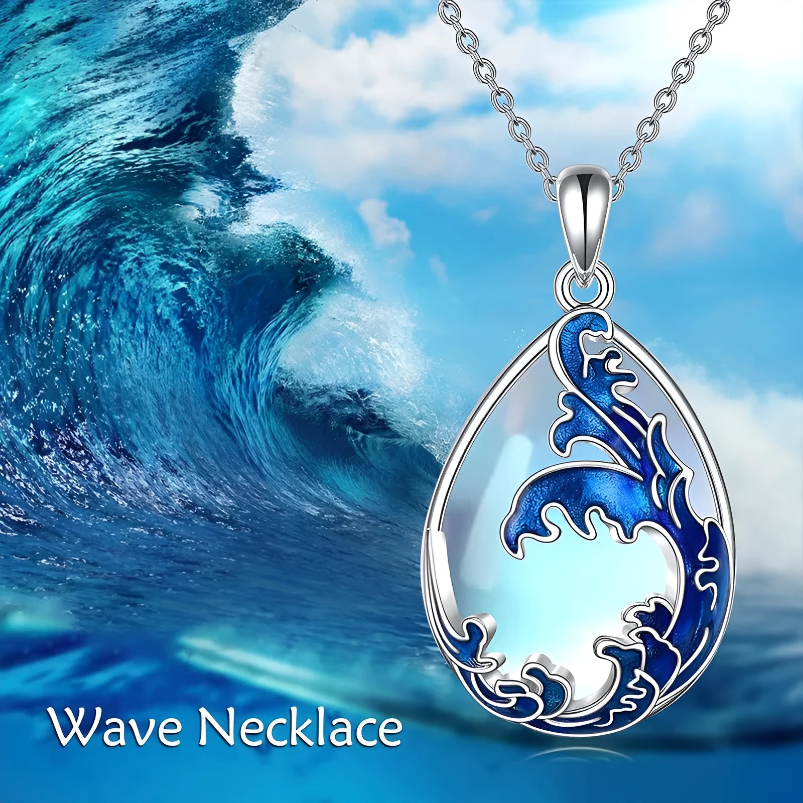 Moonstone blue heart pendant necklace with alloy chain